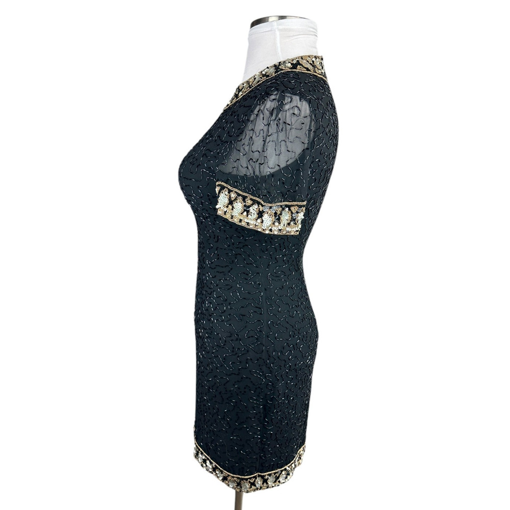 *Flawed A.J. Bari Black Silk Beaded Cocktail Dress Short Sleeve Sequins Size 10 - Picture 5 of 16